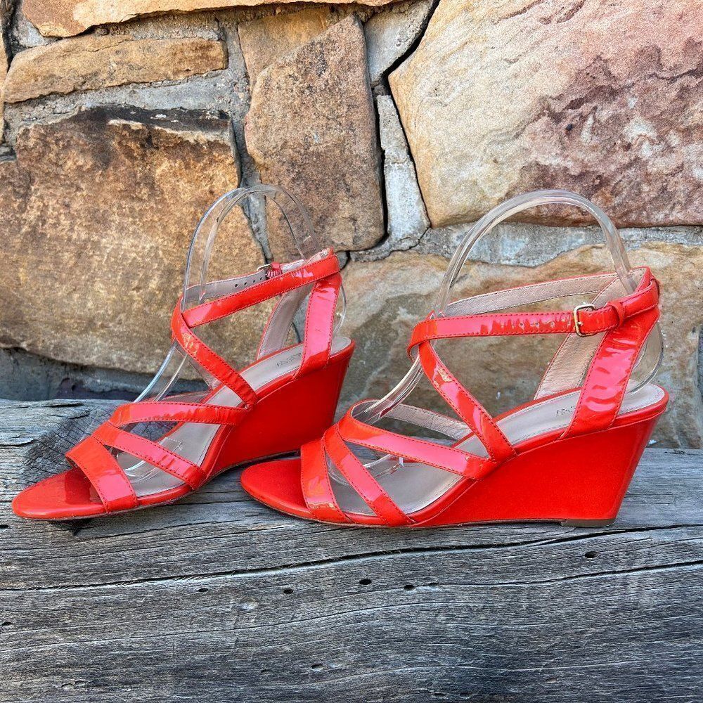 J. Crew Marci Bright Orange Patent Leather High Wedge Strappy Open Toe Sandals 9